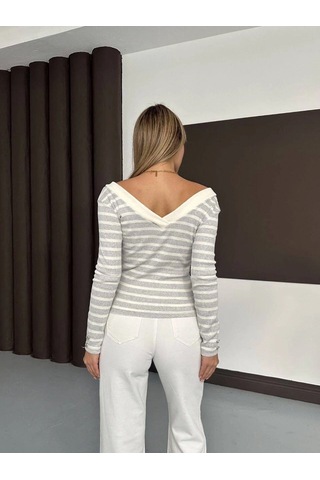 Biçomi V Yaka Kol Ve Yaka Düğmeli Bluz Gribeyaz A4047 Gri