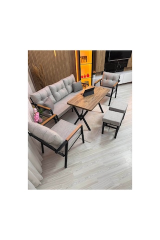 Houseart Dora 3 -1 - 1 + Masa + 2 Adet Puf , Balkon, Bahçe, Teras, Cafe - Salon - Metal Kanepe Koltuk Takımı , Çay Seti Açık Gri