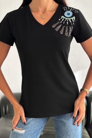 Femelle Kadın Siyah V Yaka Omzu Nakış Ve Pul Payet İşlemeli %100 Pamuk T-shirt
