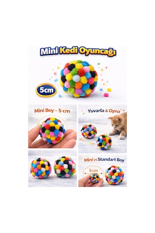 Mini Ponpon Kedi Oyuncak Topu 5 Cm 2 Adet Yumuşak Renkli Sessiz Kedi Oyun Topu