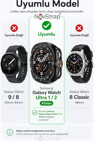 Novstrap Samsung Galaxy Watch Ultra / Ultra 2 47mm İle Uyumlu Sert Pc Kasa Koruyucu 360 Tam Koruma