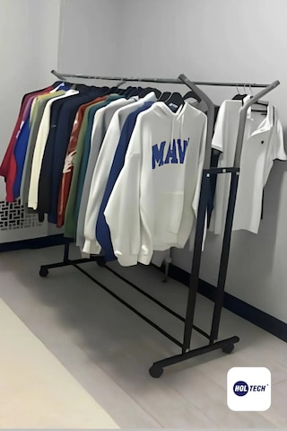 Ayarlanabilir Metal Konfeksiyon Askısı Çiftli Portatif Vitrin Siyah