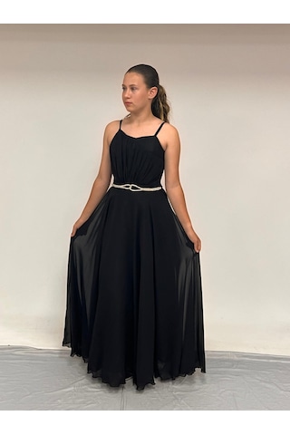 Kız Çocuk Abiye Askılı Siyah Şifon Drape Ve Taş Detaylı Abiye Elbise 10-15 Yaş Siyah