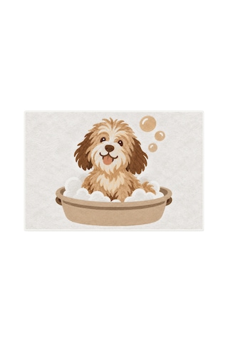 Kartela Halı Köpek Desenli Banyo Paspası Açık Gri Kaymaz Taban Makinede Yıkanabilir 60x90 Cm
