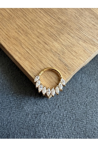 %100 316 L Cerrahi Çelik Markiz Kesim Taşlı Özel Tasarım Kilitli Halka Piercing Altın