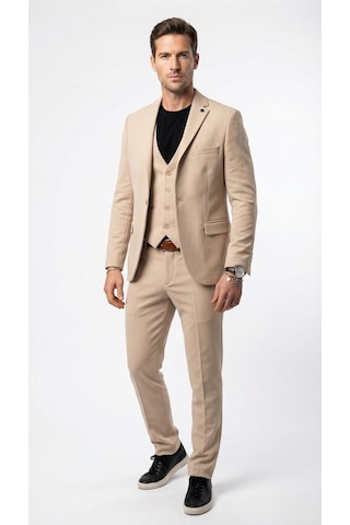 Erkek Klasik Slim Fit Armürlü Kumaş Tek Düğmeli Çift Yırtmaçlı Klasik Yaka Takım Elbise 7 Drop Bej