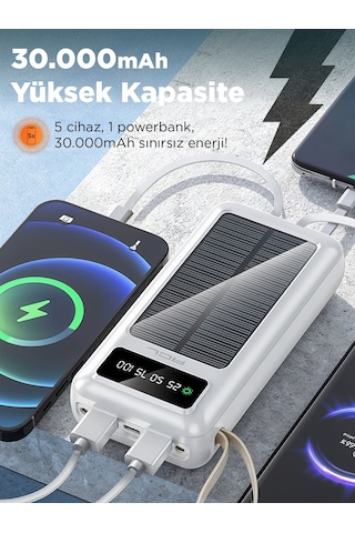 Acl Pw-61 30.000mah Güneş Enerjili Powerbank Beyaz 5 Cihaz Aynı Anda Şarj Usb-c & Lightning & Mi BEYAZ