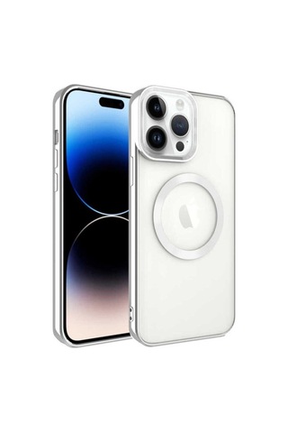 Apple Uyumlu iPhone 14 Pro Kılıf M-safe Wireless Şarj Özellikli Zore Setro Silikon Gümüş