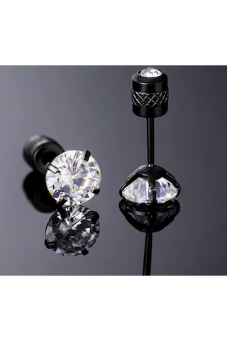 Siyah Paslanmaz Çelik Vidalı Beyaz Zirkon Taşlı Unisex/erkek Beyaz - Siyah