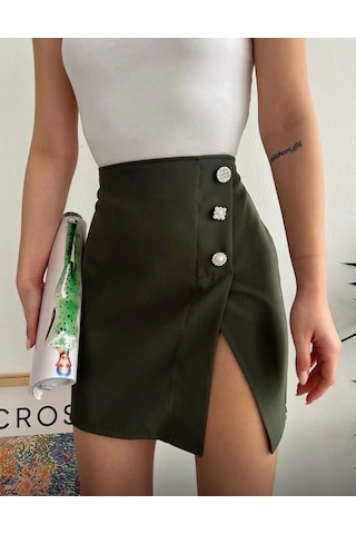 Üç Taşlı Mini Etek Haki