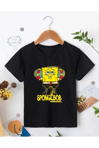 Barlashive Bisiklet Yaka Kısa Kol Çocuk Baskılı T-shirt - Siyah Çok Renkli