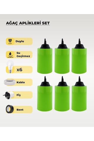 Hazır Set Yeşil Silindir Ağaç Feneri - 6 Adet Sarı Işık Ampul, Kablo, Fiş Ve Bant Dahil