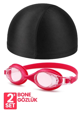 Set Yüzücü Gözlüğü Kumaş Bone Set Yüzme Havuz Deniz Gözlüğü Ve Bone Pembe