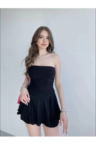 Moda Kadın Straplez Mini Etek Görünümlü Şortlu Elbise Büzgülü Şık Yazlık - Siyah Çok Renkli