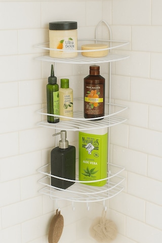 Paslanmaz Beyaz Yapışkanlı Banyo Köşeliği Düzenleyici, Şampuanlık, Duş Rafı 3 Katlı - 4 Kancalı - Ek-03 Beyaz