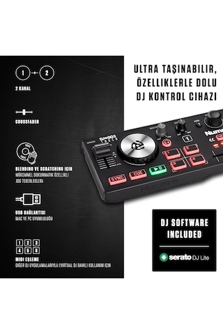 Numark Dj2go2 Touch Yolculuk İçin Mini Dj Kontrol Cihazı 2 Panelli Usb Dj Konsolu, Ses Arayüzü Ve Kapasiteli Jogwheels, 4 Pad Modu Yazılım Dahil