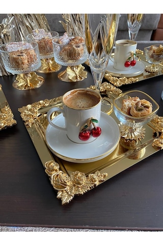Atabey Home Collection Tekli 1 Adet Kahve & Çay & Sunum Tepsisi Metal Döküm Kare Gold Tepsi Gül Model