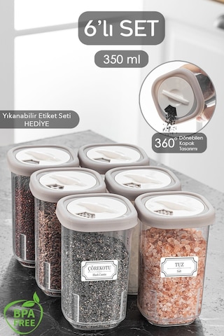 6'lı Etiketli Ve Kilitlenebilir Hava Almaz Kapaklı Baharatlık Seti - Baharatlık Bej