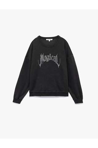 Koton Şardonlu Uzun Kollu Bisiklet Yaka Taşlı Baskılı Oversize Sweatshirt Antrasit 6wal10240ık