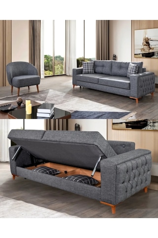 Nola Koltuk Takımı 3 3 1 & Bazalı Yataklı Koltuk & Kanepe - Antrasit Keten Kumaş 3+3+1