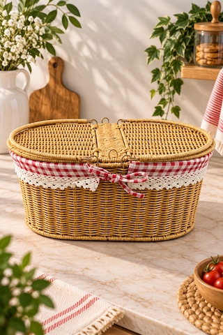 Hasır Rattan Oval Piknik Sepeti Sepet Düzenleyici 18 38 25cm Sarı