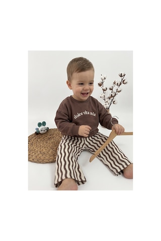 Deniva Kids Erkek Bebek Kahverengi Dolce Vita Nakışlı Dalgalı Geniş Paça Pantolonlu 2'li Sweatshirt Alt Üst Takım