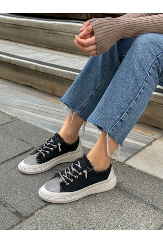 Erva'nın Butiği Siyah Keten Jule Taş Bağcıklı Kadın Sneakers-5784