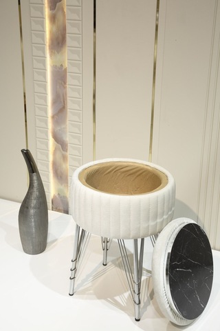 Bianco Metal Ayaklı Puflu Zigon Sehpa Krom Kırık Beyaz Chrome Off White