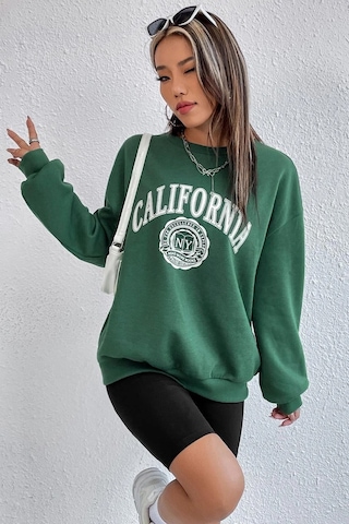 Modagen Unisex Yeşil California Baskılı Bisiklet Yaka Oversize Sweatshirt Yeşilsw