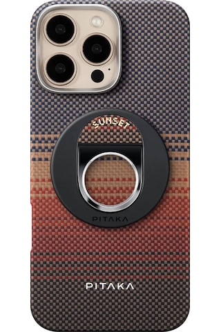 Apple Uyumlu iPhone 16 Pro Max Kılıf Magsafeli Yüzük Standlı Aramid Fiber Pitaka Tactile Woven Sunset Kapak