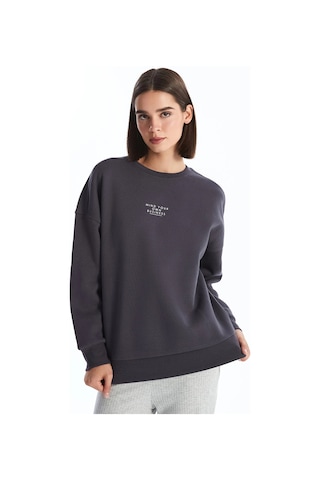 LC Waikiki Lcw Vision Antrasit Bisiklet Yaka Baskılı Oversize Kadın Kalın Sweatshirt Anthracıte