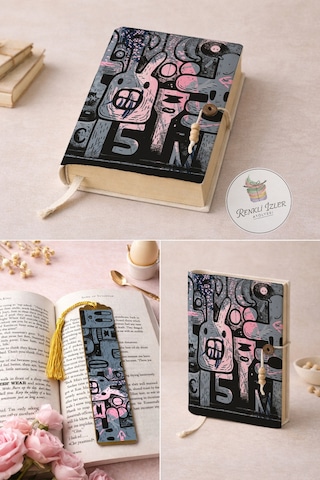 Kitap Kılıfı Ve Metal Kitap Ayracı Seti Black Cartoon