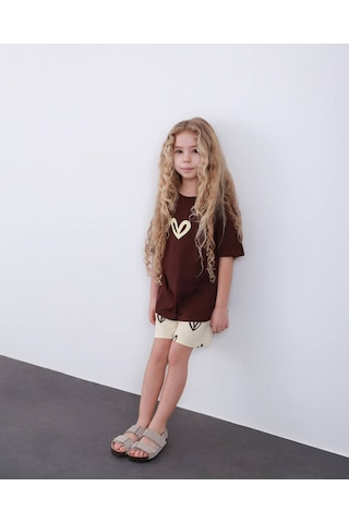 Miniko Kids Kız Çocuk Kalp Modelli Pamul Şortlu Takım Kahverengi
