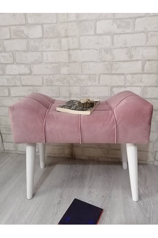 Pudra Rengi Puf Ahşap Beyaz Ayak Çima Dikiş Spor Modern Tasarım