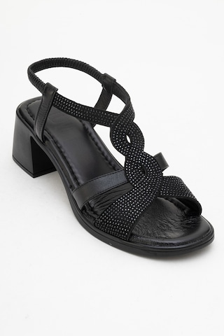 Luvishoes Luvi Shoes Dolen Siyah Taşlı Hakiki Deri Kadın Kalın Topuklu Sandalet Siyah