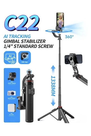 C22 Akıllı Yüz Takip Özellikli Kameralı Kumandalı Canlı Yayın Selfi Çubuğu Gimbal Tripod Siyah