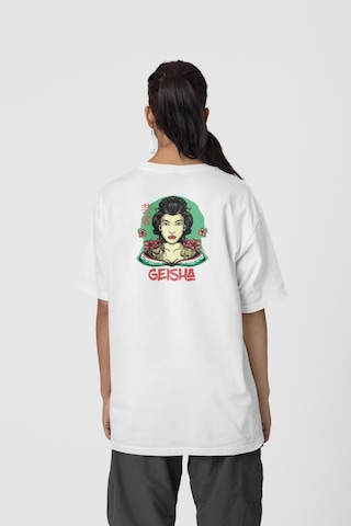 Geyşa Kadın Ön-arka Baskılı %100 Pamuk Beyaz Kadın/erkek Unisex Rahat Kalıp Oversize T-shirt Beyaz