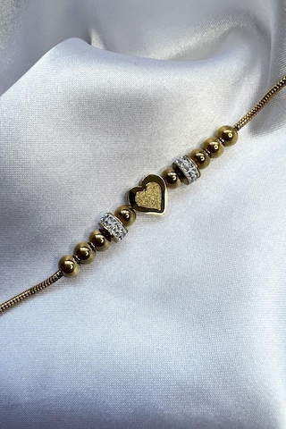 Altın Renk Kaplama Zirkon Taşlı Halka Ve Sim Detay Kalpli Kadın Çelik Bileklik - Altın