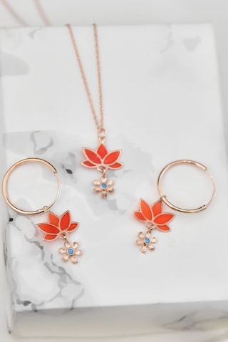 Papatya Silver 925 Ayar Gümüş Rose Kaplama Parlayan Rüya Serisi Tasarım Ebruli Cam Boyamalı Lotus Kolye ve Küpe Set