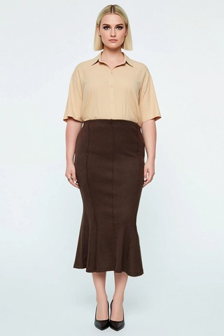 Frm Kadın Moda Stil Maxi Astarsız Örme Büyük Beden Örme Etek Koyu Kahverengi