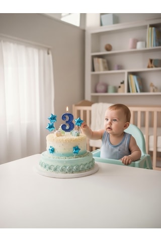 Lacivert Simli Pasta Mumu Doğum Günü Mum 3 Yaş