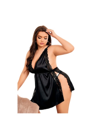 Yanları Açık Fantezi Saten Gecelik Siyah