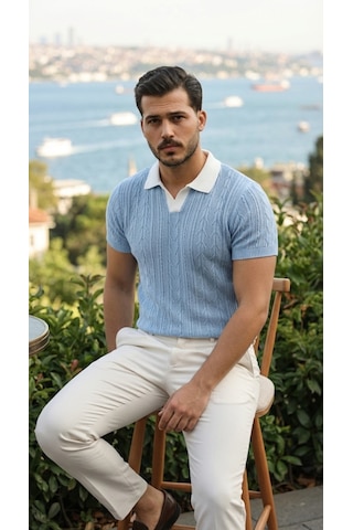 Veraura Lifestyle Erkek Desenli Kısa Kollu Triko Tişört - %100 Pamuk Akrilik Bebe Mavisi