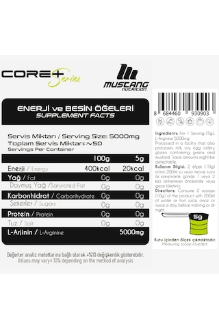 Mustang Nutrition Core+ Pure L-arginine Powder 250 Gr L-arjinin 50 Servis + Shaker + Protein Kahve Hediyeli Aromasız