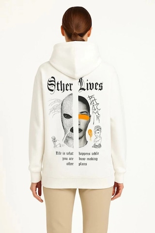 Freedom Store Kadın Oversize Kapüşonlu Kanguru Cepli Baskılı 3 İplik Pamuklu Sweatshirt Hoodie - Beyaz