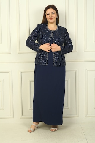 Kadın Pul İşlemeli Boncuk Detaylı Tül Ceket Yarım Ay Kollu Uzun Elbise Astarlı Krep Büyük Beden 2'li Takım Lacivert