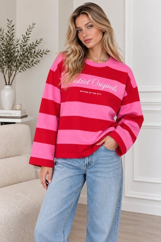 Lima Fuşya Kadın Çizgili Oversize Sweatshirt Bisiklet Yaka Baskılı Uzun Kollu Sweat