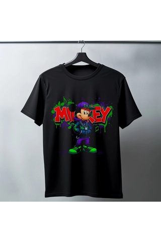 Freedom Store Mickey Mouse Graffiti Baskılı Unisex Siyah Oversize Tişört - 24/1 Penye