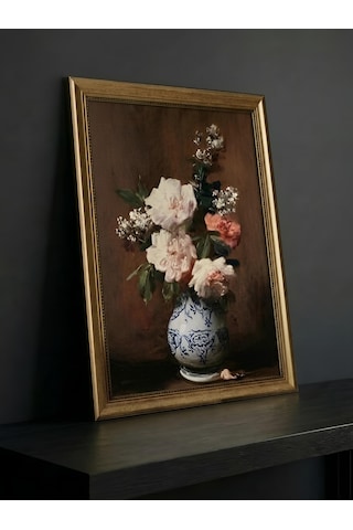 Vintage Gold Altın Çerçeveli Tablo 60x80 Cm Klasik Çiçek Natürmort Sanat Eseri Büyük Boy Dekoratif Duvar Dekoru Tablosu Yağlıboya Görünümlü Dokulu Baskı 50x70 Cm