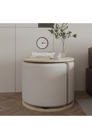 Vexana Puflu Yan Sehpa Saklanabilir Puflu Servis Sehpası Traverten Desen